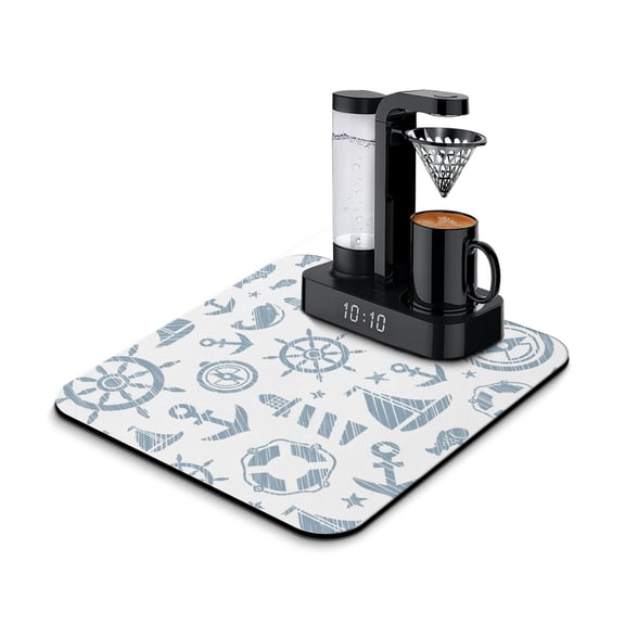 Marine Sailor Style Coffee Bar Mat – Nautical Helm Anchor Mast Design, Absorbent and Stain-Hiding Drying Mat for Under Coffee Machine
