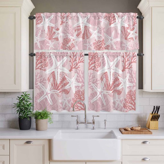 Marine Sea Shell Starfish Coral Conch Curtain Tier and Valance Set 3 Piece,Pink White Ocean Theme 3-inch Rod Pocket Window Tier Curtains Valance for Kitchen Living Room