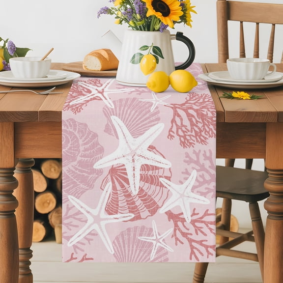 Marine Sea Shell Starfish Coral Conch Table Runner 72 Inches Long, Pink White Ocean Theme Table Runners Tabletop Scarf Kitchen Dining Tables Decoration for Home Party Indoor Outdoor