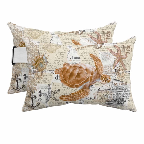 Marine Sea Turtle Starfish Shell Outdoor Pillow for Chaise Lounge Chair,Head Resting Pillow with Insert, Sailboat Shell on Vintage Newspaper Waterproof Lumbar Pillows for Patio,11"x16" 2 Pack