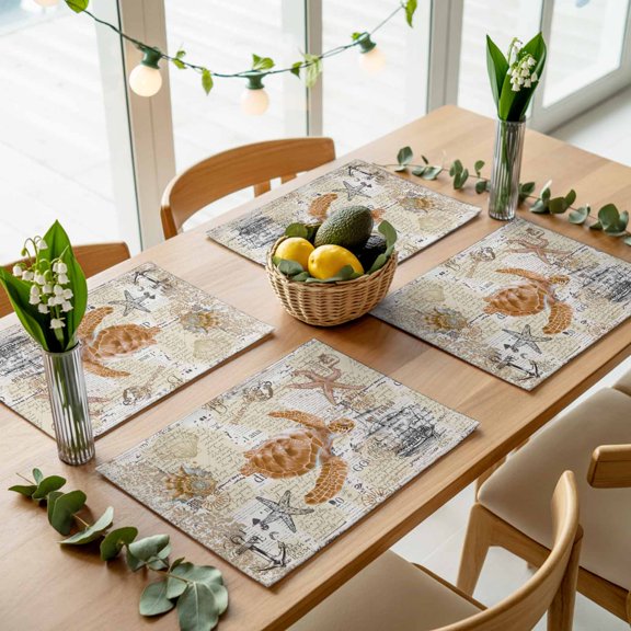 Marine Sea Turtle Starfish Shell Placemats Set of 4,Wipeable Washable Table Mats for Dining Tables, Sailboat Shell on Vintage Newspaper Place Mats for Kitchen Event Party Tabletop Decor