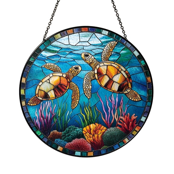 Marine Sea Turtle with Gold Tone Frame Stained Glass Decorative Window Suncatcher Accent for Beach Home Decor Gift