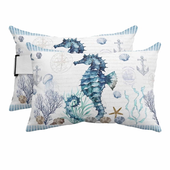 Marine Seahorse Starfish Coral Shell Outdoor Pillow for Chaise Lounge Chair,Head Resting&nbsp;Pillow with Insert, Watercolor Ocean Life Waterproof Lumbar Pillows for Patio,11"x16" 2 Pack