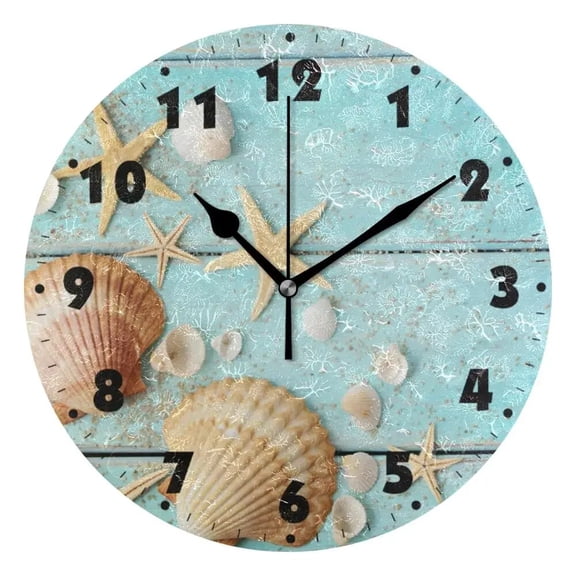 Marine Seashells Round Wall Clock Quiet Battery Operated Living Room Wall Watch Silent Non Ticking Desk StarWall Clocks Art（14 Inch）