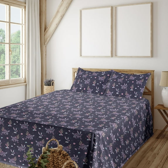 Ambesonne Marine Fitted & Flat Sheet with Sham 3 Pcs Set, Caretta Caretta Print Corals, Twin, Dark Indigo and Plum