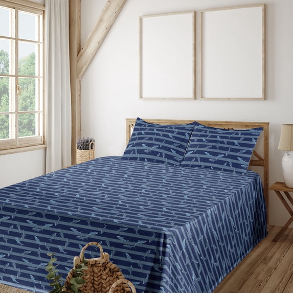 Ambesonne Marine Fitted & Flat Sheet with Shams 4 Pcs Set, Swimming Nautical Ocean Art, Full, Indigo and Slate Blue