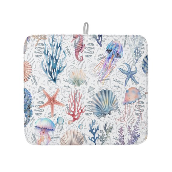 Marine Shell Jellyfish Coral Starfish Dish Drying Mats for Kitchen Counter,Absorbent Microfiber Dish Drainer Rack Mat Ocean Life on Postmark Drying Pad for Sinks,Utensils,Countertops,16x18in