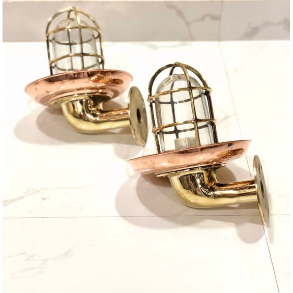 Marine Ship Antique Brass Swan Passage Bulkhead Light  Nautical Wall Sconce with Copper Shade, Vintage Maritime Decor (Set of 2)