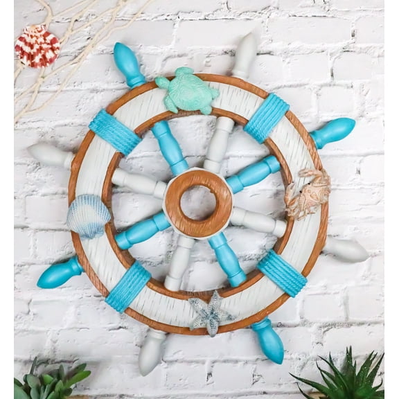 Marine Ship Steering Helm Boat Wheel With Turtle Crab Starfish Shell Wall Decor