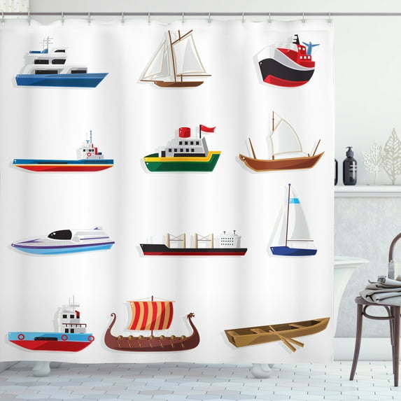 Marine Shower Curtain, Old and New Different Types of Sailboats and Ships in Cartoon Style Nautical, Fabric Bathroom Set with Hooks, 69W X 75L Inches Long, Multicolor, by Ambesonne