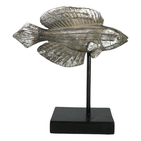 Marine Silver Tone Diamond-Tail Flasher Wrasse Fish Sculpture With Pole Stand