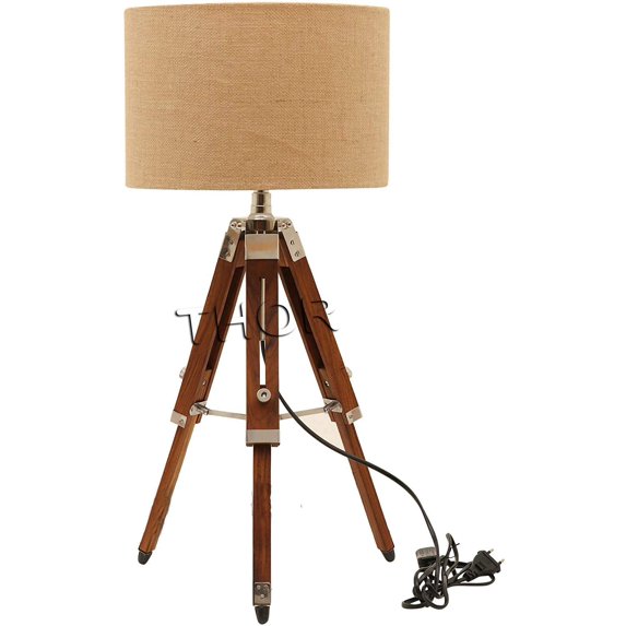 Marine Small Desk Maritime Natural Wooden Tripod Nautical Office Lamp (Without Shade)