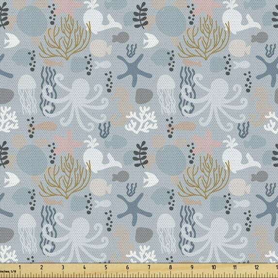 Ambesonne Marine Fabric by the Yard Upholstery, Living Creatures in Ocean, 1 Yard, Multicolor