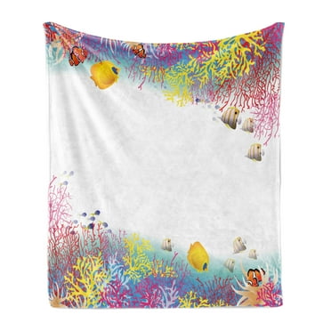 Marine Soft Flannel Fleece Blanket, Aquatic Nautical Illustration of Deep Underwater World Wildlife Animals with Corals, Cozy Plush for Indoor and Outdoor Use, 50" x 60", Multicolor, by Ambesonne
