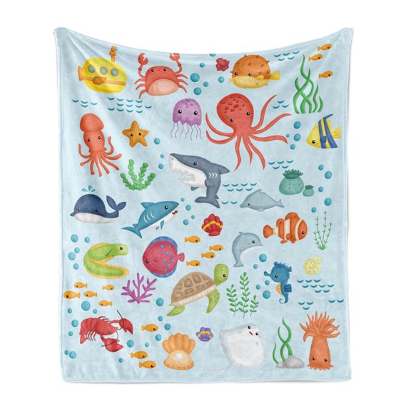 Marine Soft Flannel Fleece Blanket, Bunch of Sea Animals Submarine Crabs Squid Lobster Octobus Seaweed Starfish Stingray, Cozy Plush for Indoor and Outdoor Use, 50" x 60", Multicolor, by Ambesonne