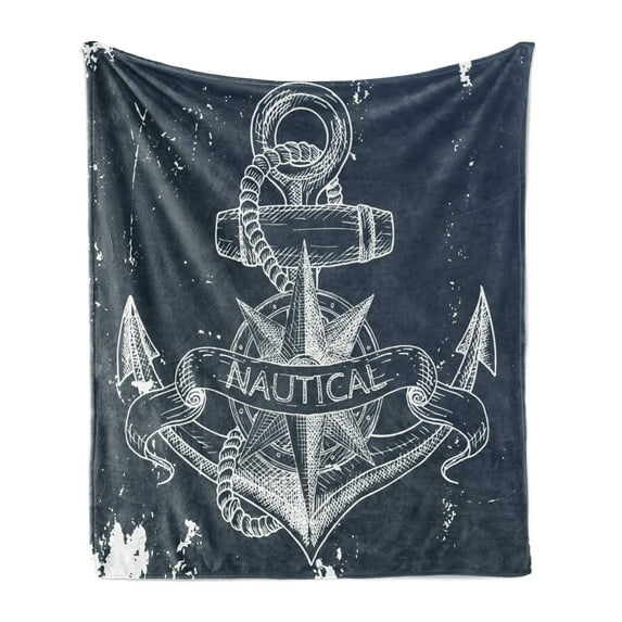 Marine Soft Flannel Fleece Blanket, Nautical Knot Compass Anchor Pattern Sea World Ocean Life Grunge Illustration, Cozy Plush for Indoor and Outdoor Use, 60" x 80", Dark Blue White, by Ambesonne