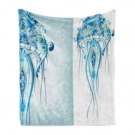 Marine Soft Flannel Fleece Blanket, Ocean Jellyfish with Paisley Motifs Pattern Theme Beach Fishy Prints Design, Cozy Plush for Indoor and Outdoor Use, 50" x 60", Pale Blue Sea Blue, by Ambesonne