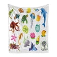 thumbnail image 1 of Marine Soft Flannel Fleece Blanket, Sea Animals Octopus Dolphin Shells Stingray Crab Turtle Jellyfish Wildlife Graphic, Cozy Plush for Indoor and Outdoor Use, 50" x 60", Multicolor, by Ambesonne, 1 of 5