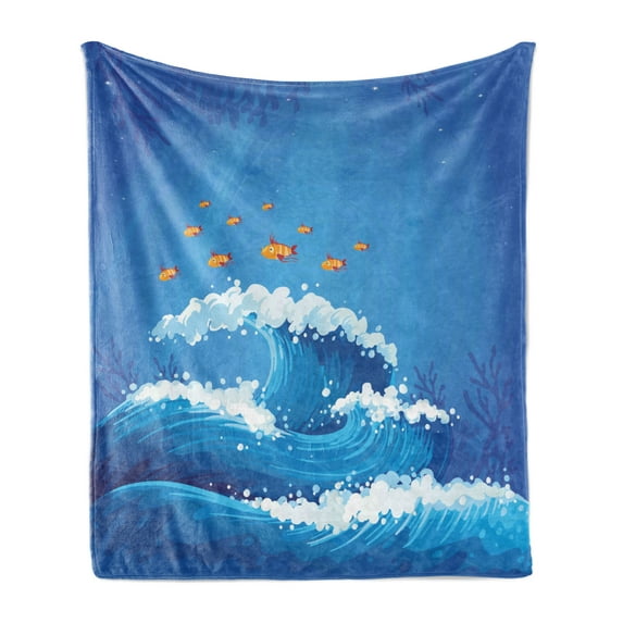Marine Soft Flannel Fleece Blanket, Underwater with Group of Fish and Wave in the Ocean Coral Reef Illustration, Cozy Plush for Indoor and Outdoor Use, 70" x 90", Violet Blue Orange, by Ambesonne
