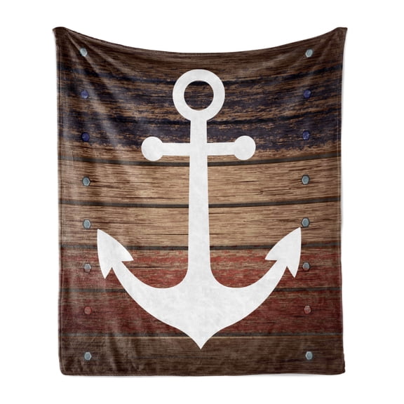 Marine Soft Flannel Fleece Throw Blanket, Boat Themed Anchor Marine Nautical Antiqued Rustic Wooden Western, Cozy Plush for Indoor and Outdoor Use, 50" x 70", Brown White, by Ambesonne
