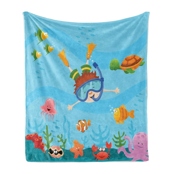 Marine Soft Flannel Fleece Throw Blanket, Boy Diving and Exploring Subaquatic Happiness Seashell Summer Cartoon Character, Cozy Plush for Indoor and Outdoor Use, 50" x 60", Multicolor, by Ambesonne