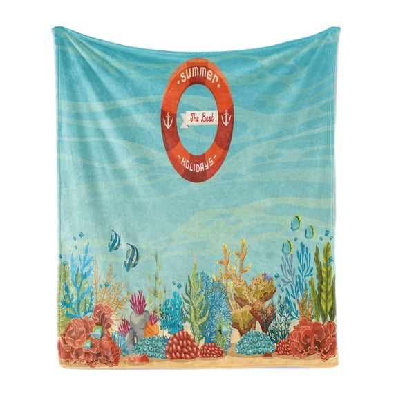 Marine Soft Flannel Fleece Throw Blanket, Life over Coral Reef Sea Tropical Ocean Bubbles Beach Mystic Subaquatic, Cozy Plush for Indoor and Outdoor Use, 50" x 70", Pale Blue Orange, by Ambesonne