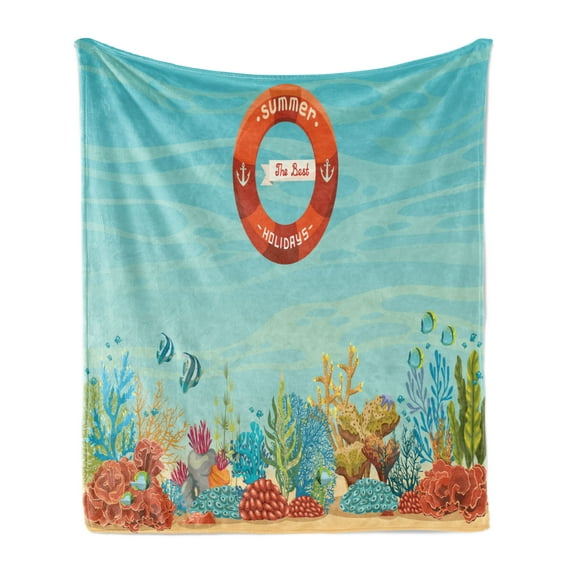 Marine Soft Flannel Fleece Throw Blanket, Life over Coral Reef Sea Tropical Ocean Bubbles Beach Mystic Subaquatic, Cozy Plush for Indoor and Outdoor Use, 70" x 90", Pale Blue Orange, by Ambesonne