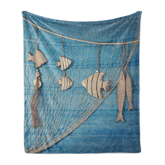 Marine Soft Flannel Fleece Throw Blanket, Nautical Themed Photo of Fishing Net and Hanged Wododen Handcraft Fish, Cozy Plush for Indoor and Outdoor Use, 50" x 70", Beige Sky Blue, by Ambesonne
