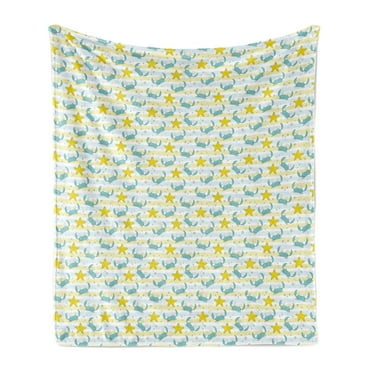 Marine Soft Flannel Fleece Throw Blanket, Ocean Theme Crabs and Starfishes Pattern with Bubbles and Lines, Cozy Plush for Indoor and Outdoor Use, 60" x 80", Yellow Seafoam, by Ambesonne