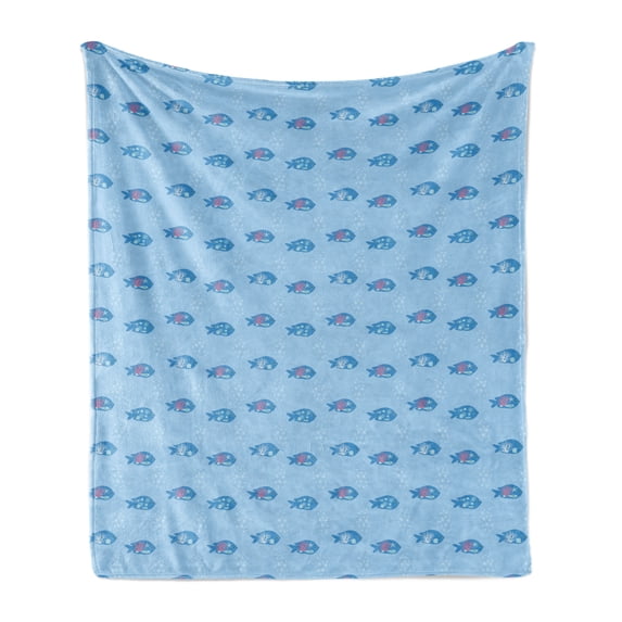 Marine Soft Flannel Fleece Throw Blanket, Ocean Theme Nautical Elements Inside Fishes Seashells and Starfishes, Cozy Plush for Indoor and Outdoor Use, 70" x 90", Pale Blue and Sea Blue, by Ambesonne