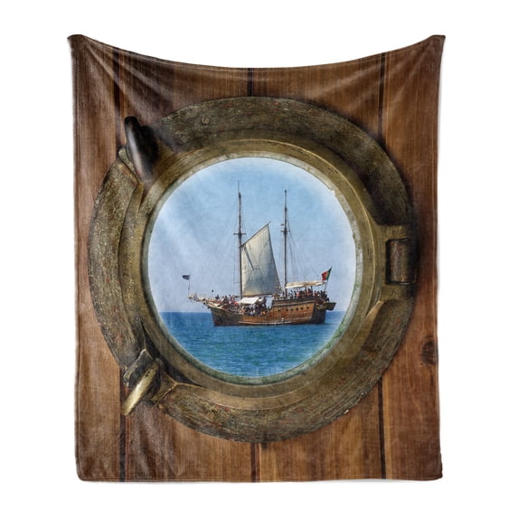 Marine Soft Flannel Fleece Throw Blanket, Ship Window with a Tourist Cruise Motif Summer Season Activity Themed Composition, Cozy Plush for Indoor and Outdoor Use, 50" x 60", Multicolor, by Ambesonne