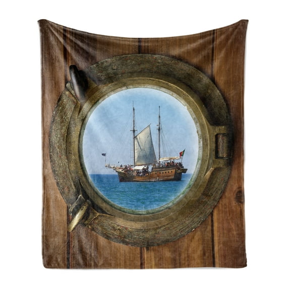 Marine Soft Flannel Fleece Throw Blanket, Ship Window with a Tourist Cruise Motif Summer Season Activity Themed Composition, Cozy Plush for Indoor and Outdoor Use, 50" x 70", Multicolor, by Ambesonne