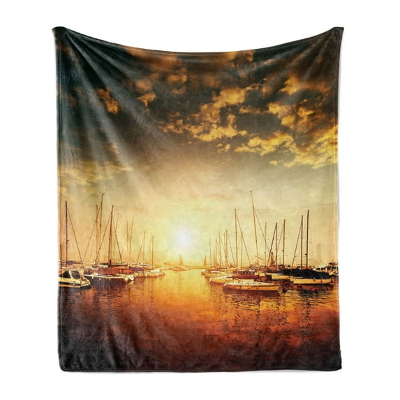 Marine Soft Flannel Fleece Throw Blanket, Sunset Photo with Cloudy Sky and Boats and Yatches in Marina, Cozy Plush for Indoor and Outdoor Use, 60" x 80", Orange Black Pale Yellow, by Ambesonne