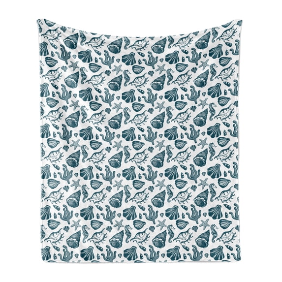 Marine Soft Flannel Fleece Throw Blanket, Vintage Sketch of Nautical as Seashells Seahorses and Starfish, Cozy Plush for Indoor and Outdoor Use, 60" x 80", White and Dark Teal, by Ambesonne