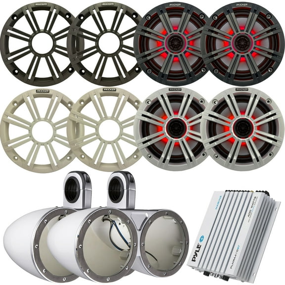 Marine Speaker Package 4x Kicker OEM Replacement 6.5" LED Light Marine Boat Audio Speakers Bundle Combo With 2x Kicker KMTEDW Dual Wakeboard Tower Enclosures + Waterproof Bluetooth 400W Amplifier
