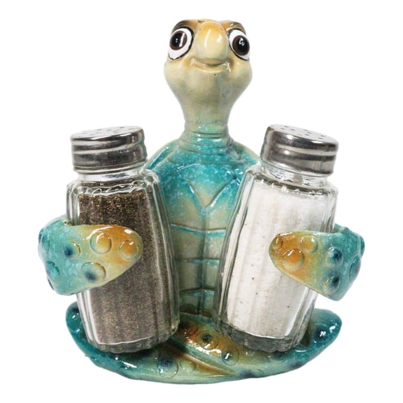 Marine Spotted Blue Shell Sea Turtle Glass Salt Pepper Shakers Holder Figurine