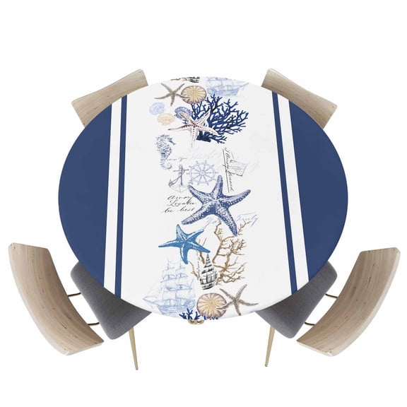 Marine Starfish Coral Sailboat Fitted Round Tablecloths Elastic Edged Table Covers 36"-44",Nautical Anchor Seahorse Shell Waterproof Dining Room Kitchen Table Cloth for Holiday Party Tables Decor