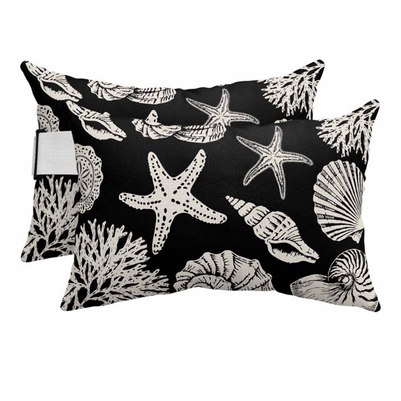 Marine Starfish Shell Conch Outdoor Pillow for Chaise Lounge Chair,Ocean Life on Black Waterproof Headrest Lumbar Pillows with Insert&Elastic Strap for Patio Pool Garden Chairs Decor,2 Pack