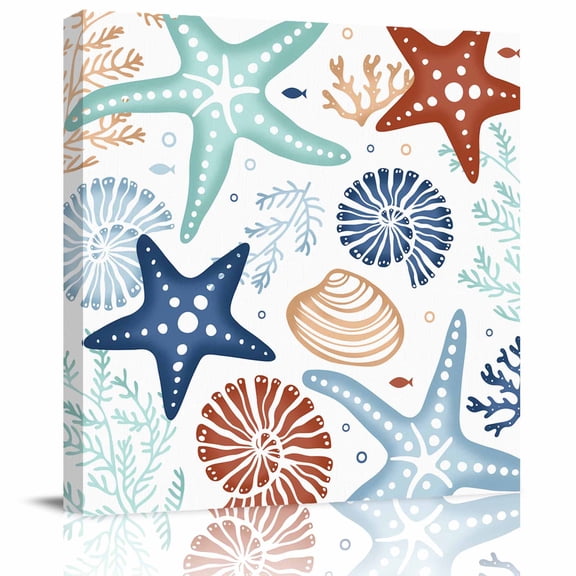 Marine Starfish Shell Coral on White Canvas Artwork Painting Art, Abstract Ocean Life on White Square Framed Wall Decorations Prints Picture for Bedroom Kitchen Living Room, 8x8 in