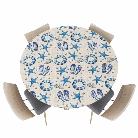 Marine Starfish Swimming Ring Fitted Round Tablecloths Elastic Edged Table Covers 45"-54",Seamless Flip Flops on Burlap Waterproof Dining Room Kitchen Table Cloth for Holiday Party Tables Decor