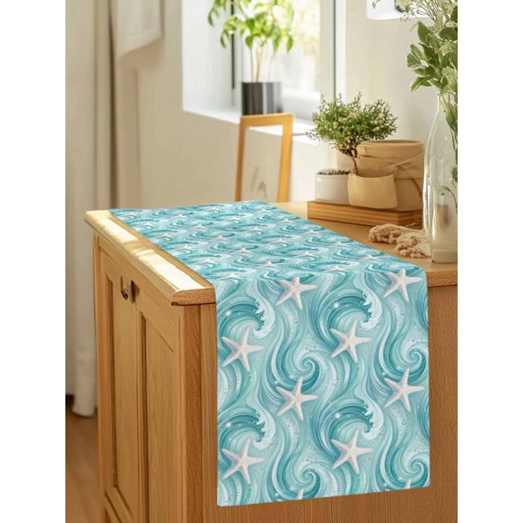 Marine Starfish Water Ripple Table Runner 36 Inches Long,Kitchen Dining Tablerunners Teal Ocean Seamless Stars Linen Table Runners Dresser Scarves for Home Dinner Wedding Holiday Party Decor
