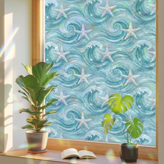 Marine Starfish Water Ripple Window Privacy Film, Rainbow Film Decorative Window Sticker 17.7x39.3in, Teal Ocean Seamless Stars Sun Blocking Static Stained Glass Cling Tint Non-Adhesive