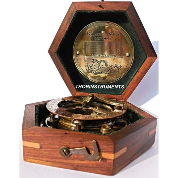 Marine Steampunk Solid Brass Sundial Compass In Fitted Wooden Box Free