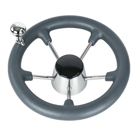 Marine Steering Wheel Gray Foam Grip Boat Helm Hardware, 5 Spoke Metal Structure, Textured Hold for Repair Projects and Waterside Service