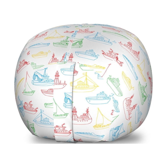 Marine Storage Toy Bag Chair, Colorful Outline Nautical Themed Various Vehicles, Stuffed Animal Organizer Washable Bag, Small Size, Multicolor, by Ambesonne