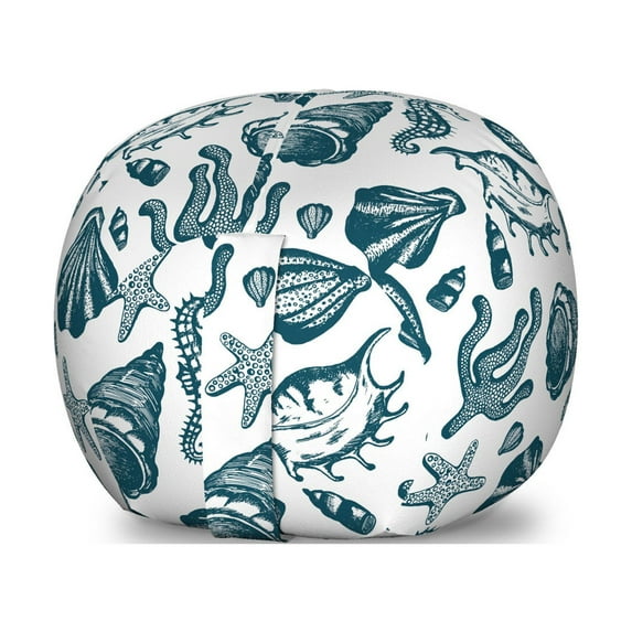 Marine Storage Toy Bag Chair, Vintage Sketch of Nautical as Seashells Seahorses and Starfish, Stuffed Animal Organizer Washable Bag, Large Size, White and Dark Teal, by Ambesonne