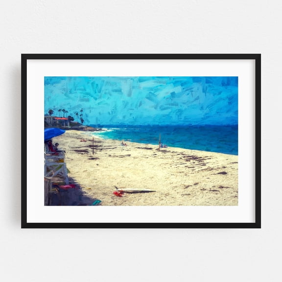 Marine Street Beach - Painterly Style - San Diego California Digital Art Beach Coastal Surfboard Ocean Summer Landscape Palm Tree Black Framed Wall Art Print 5 x 7 inches