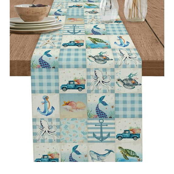 Marine Stripes Ocean Shells StarLighthouse Anchor Table Runner Home Wedding Table Mat Centerpieces Decor Dining Tablecloth