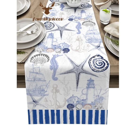 Marine Stripes Ocean Shells StarLighthouse Anchor Table Runner Home Wedding Table Mat Centerpieces Decor Dining Tablecloth