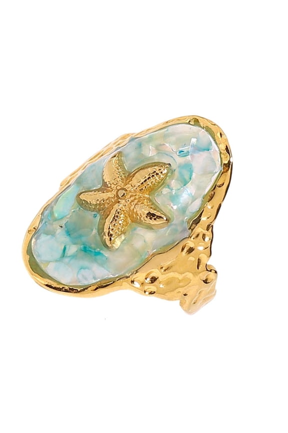 Marine Style Blue Resin Oval Ring Surgical Grade 316L Metal Comfort Fit Jewelry